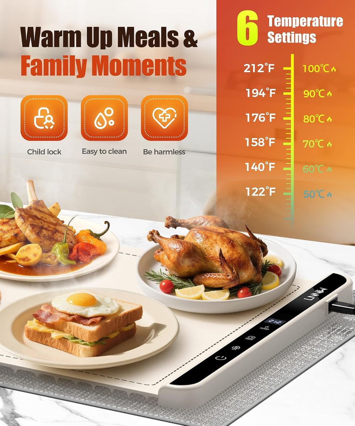 Warming Mat for Food, 26x15 Inch, Off White, Fast Heat, Child Lock