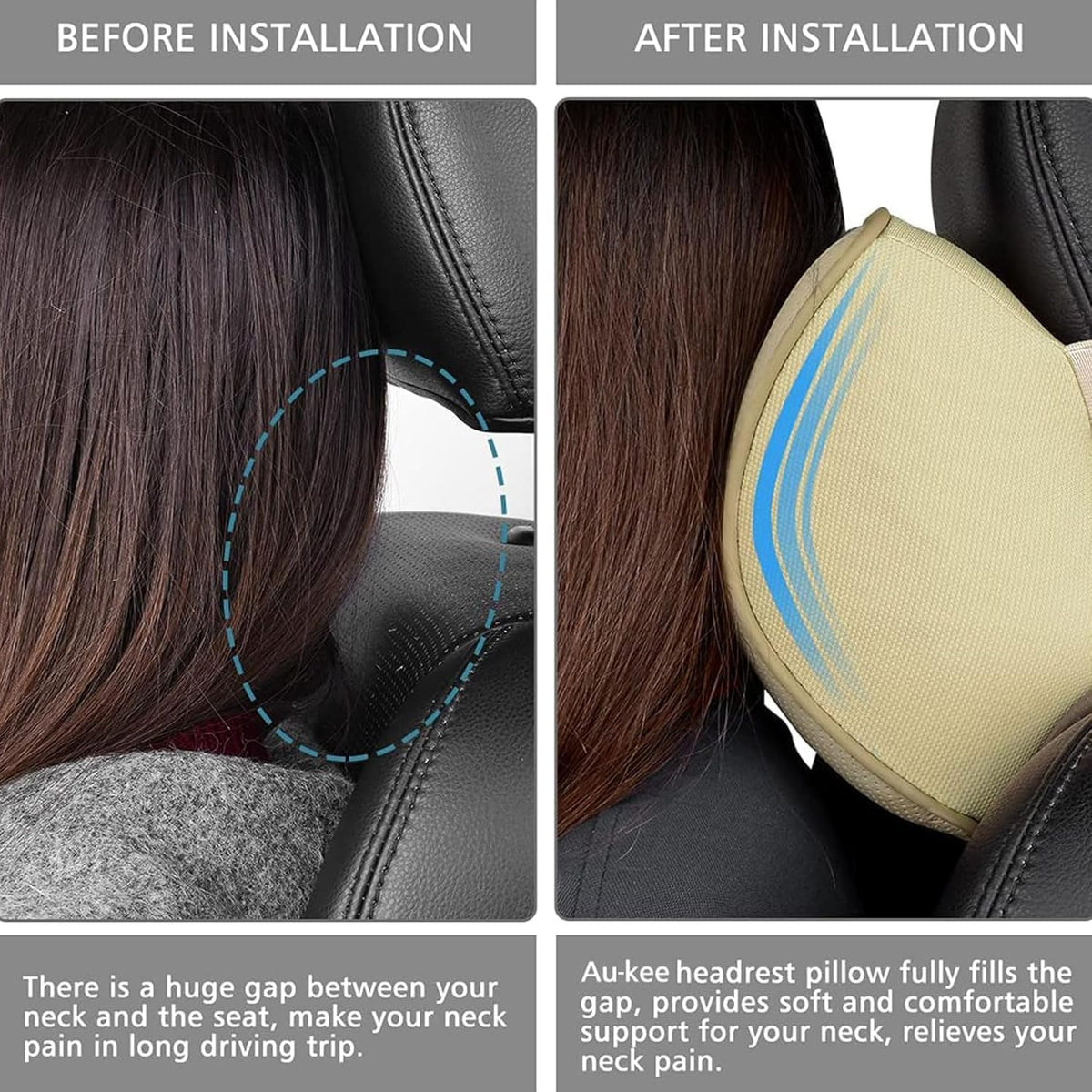 Aukee Car Headrest Pillow Memory Foam Car Neck Pillow with Adjustable Strap Soft Leather Headrest for Driving Home Office Black (1PC)
