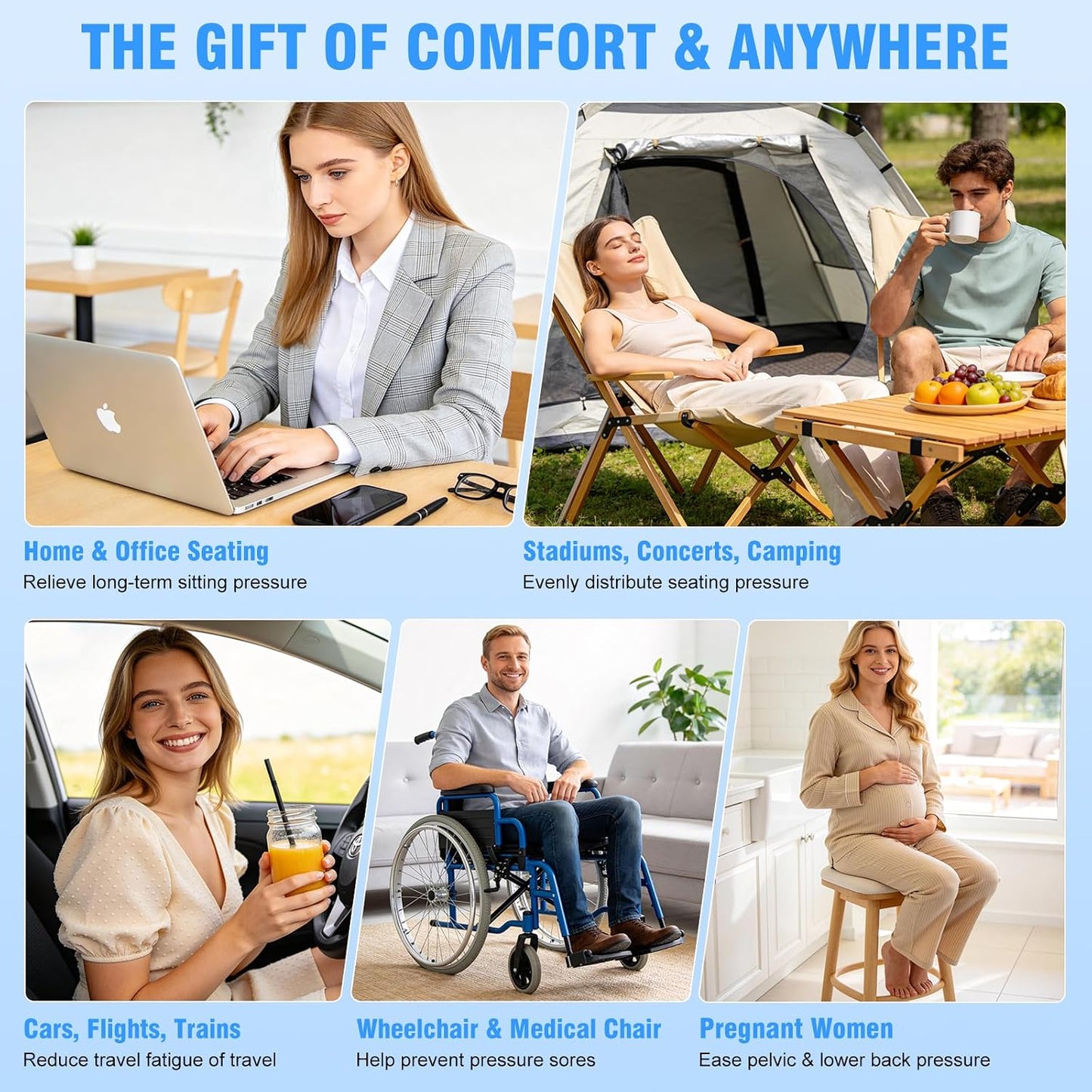 Travel Seat Cushion for Airplane, 3D Inflatable Cushion Non-Skid | Adjustable Air Cushion for Coccyx Tailbone Pain Relief, For Airplane, Car Seat, Office Chair, Wheelchair, Stadium Use
