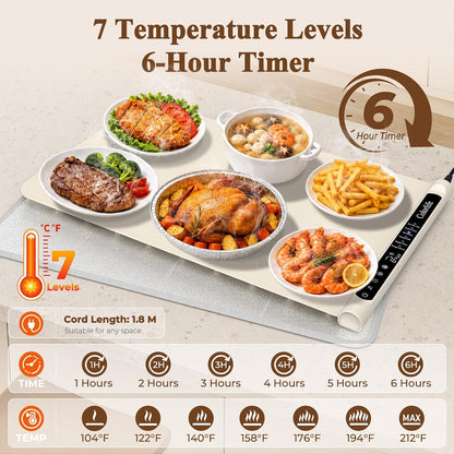 Warming Mat for Food, Electric Warming Tray with Heat-Resistant Pad-L Grey | Colorlife 6 Preset Modes, 7 Temps, 6H Timer, Child Lock, Auto-Memory, Rollable Silicone Food Warmer for Buffet, Parties