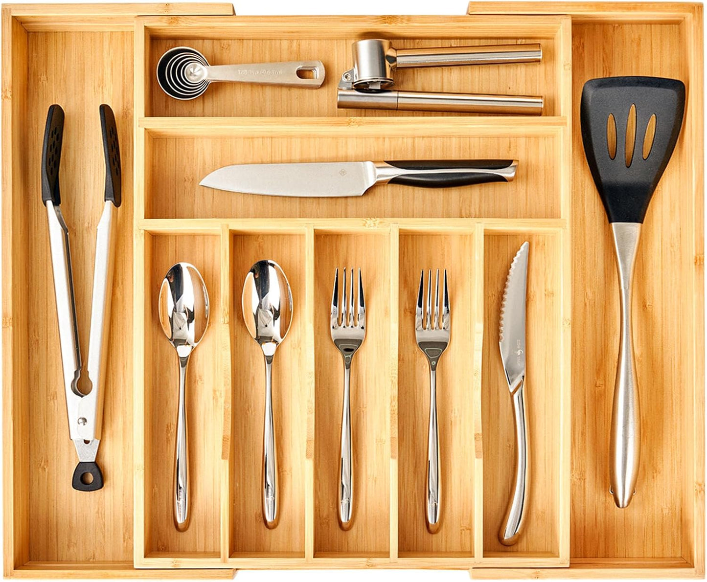 Large Expandable Kitchen Silverware Utensils Drawer Organizer, 2.5" Extra High Adjustable Drawer Divider with Curved Grooves, Bamboo Wood Cutlery Tray Flatware Holder