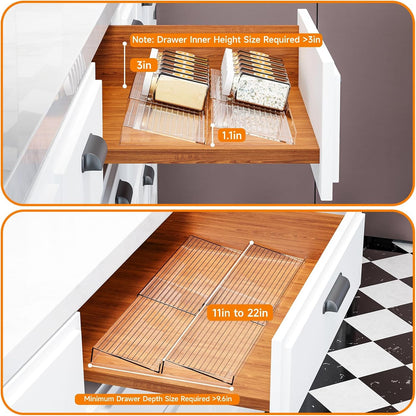 8 Pack Adjustable In Drawer Spice Organizer - Expandable From 11'' to 22'' - Acrylic Drawer Seasoning Organizer,Clear Spice Organization Tray for Cabinet Drawers Condiment,Nail Polish and Jar