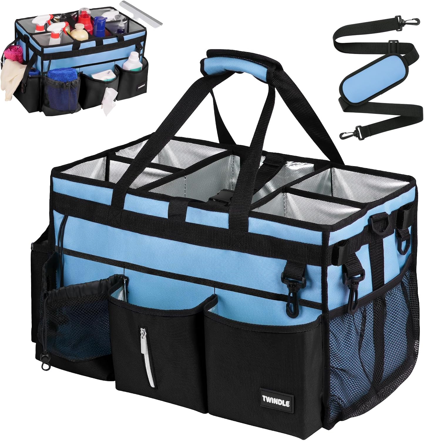 Extra Large Cleaning Caddy Bag with Built-In Support Board, Cleaning Tote Organizer with Removable Divider, Supply Carryall with Adjustable Shoulder Strap and Waist Belt for Cleaners & Housekeeper