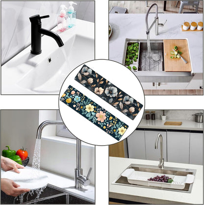 Bimkole 2 PCS Faucet Absorbent Mat, Kitchen Faucet Sink Splash Guard Wraparound Cloth Pads Drip Catcher for Sink Faucet for Kitchen Bathroom Faucet, Colorful Faucet Mat, 15 x 4 Inch Flower A6