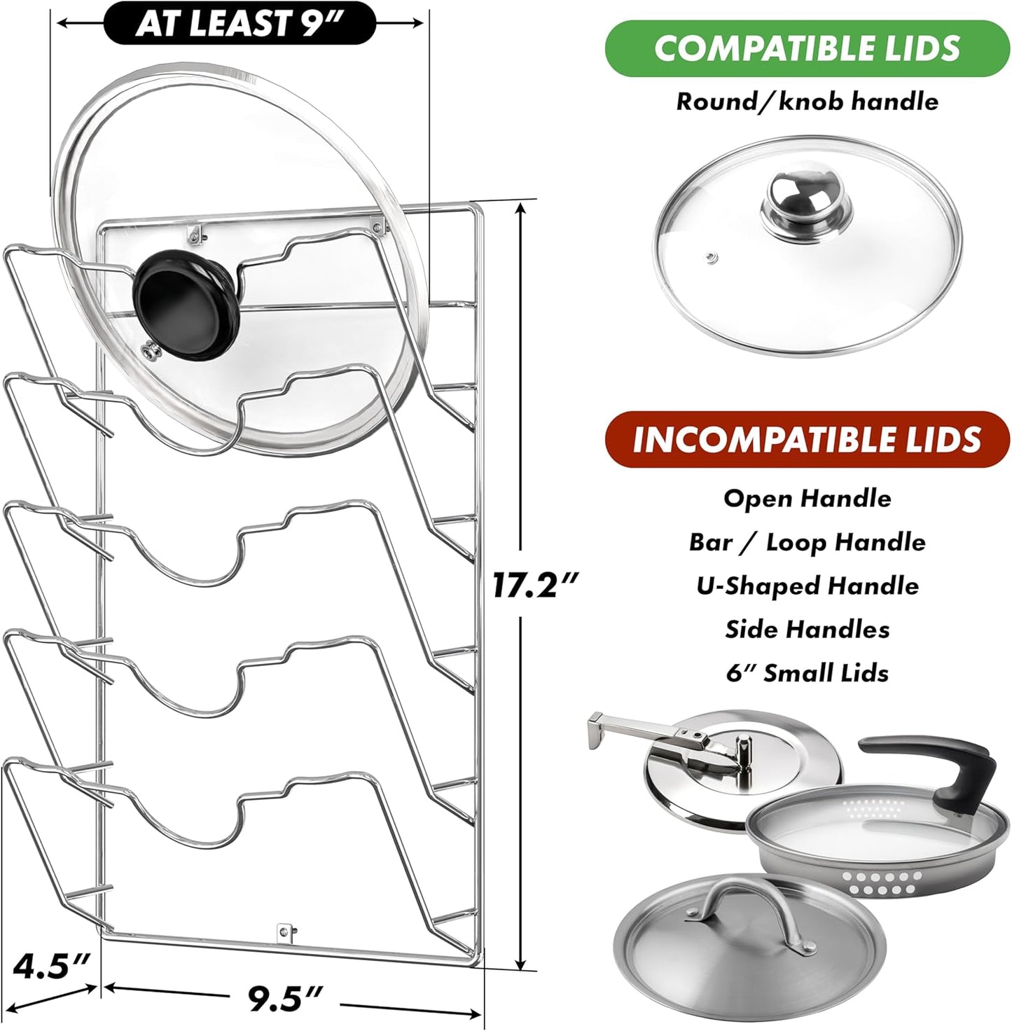 Simple Houseware Wall Door Mounted Pot Lid Rack Organizer, Chrome Finish | 9.5" W x 4.5" D x 17.2" H Shelf
