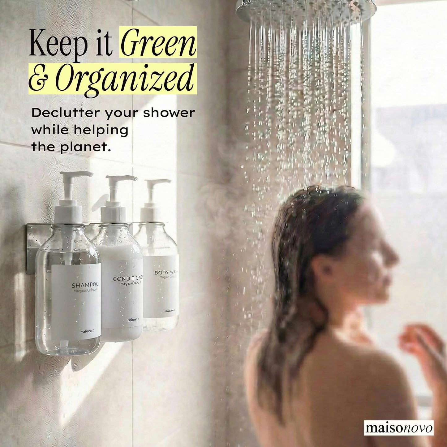 MaisoNovo Shampoo and Conditioner Dispenser|Refillable Black Set of 3 | 500 ml Shower Gel Dispenser Set of 3. Refillable Shampoo and Conditioner Bottles. Drill Free Secure Design. Black