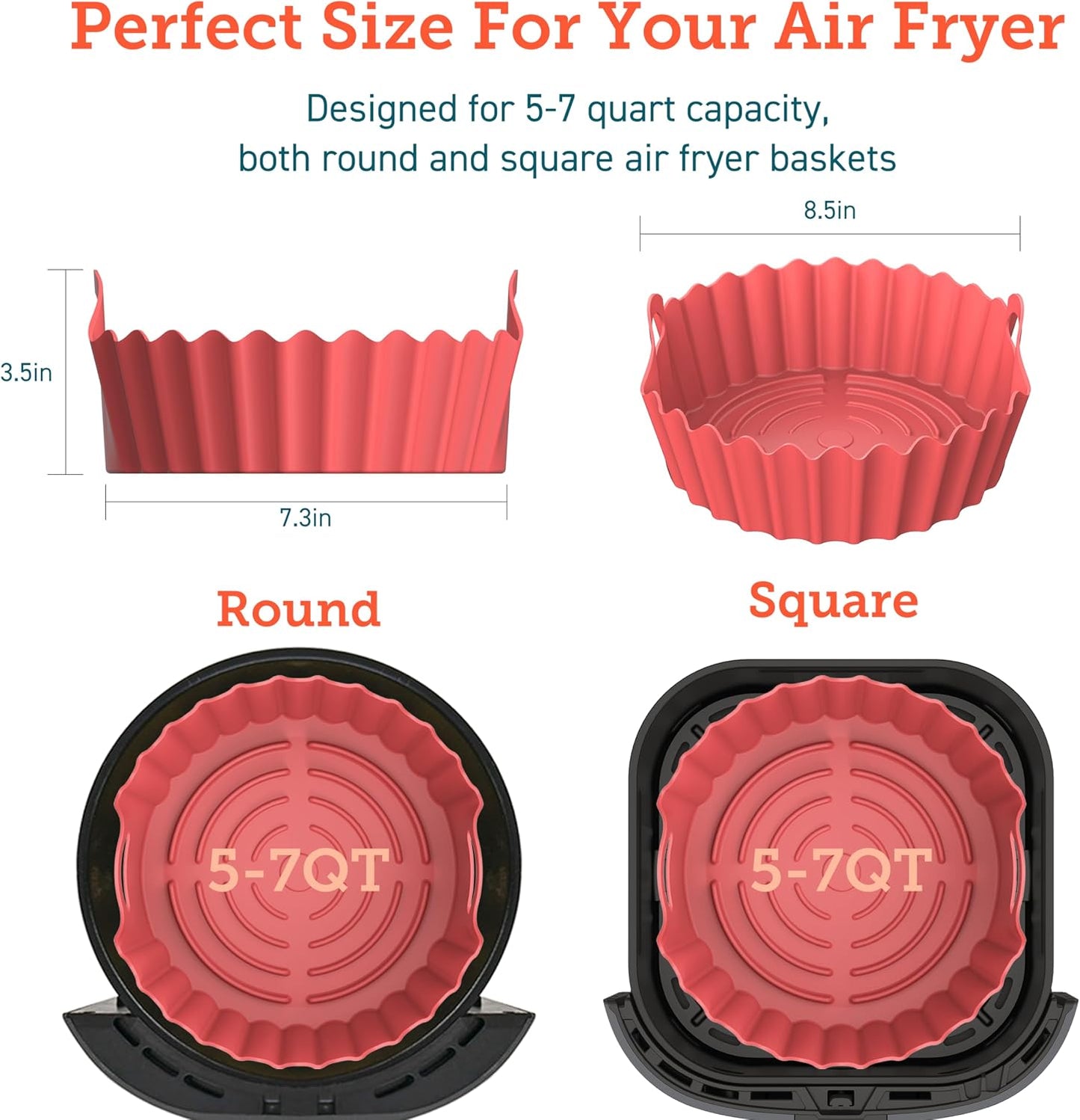 Cosori Air Fryer Silicone Liners for 3-5 Qt, Foldable 7.6 Inch Reusable Basket, Certified Food Grade Accessories, Resistant up to 450°F, Thickened & Durable, Non-stick Dishwasher Safe, Gloves, 2 Pcs