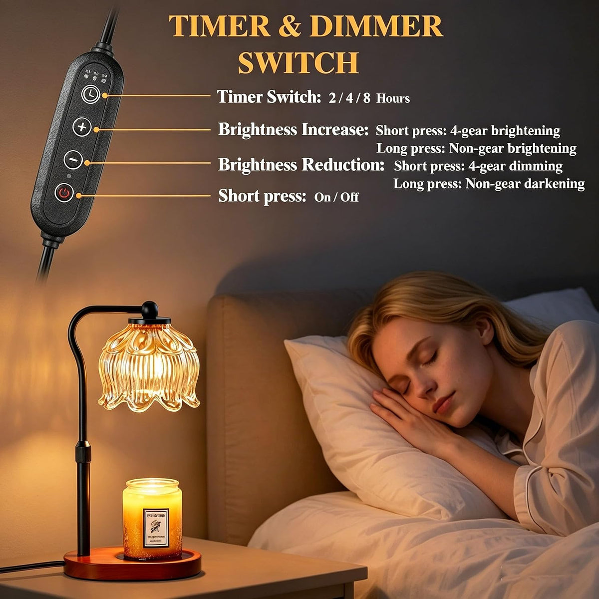 CASTLELIFE Electric Candle Warmer Lamp with Timer & Dimmer, Height Adjustable Wax Warmer for Jar Candles, Flower Wax Melter with Wood Base, Home Decor House Warming Gifts for Women Mom, Natural Wood