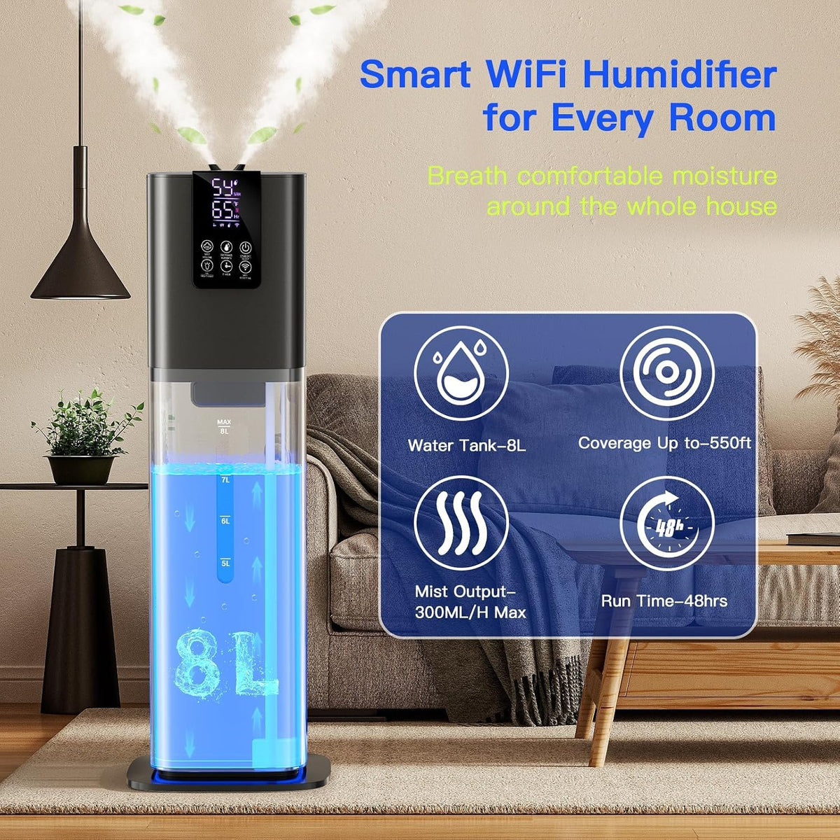 Smart Humidifiers Large Room Bedroom Home,2.11Gal(8L) Quiet Top Fill Cool Mist Humidifier,Smart App & Remote Control, 3 Speed Humidifier with 360°Nozzle,Humidity Setting for Baby Office Plant(White)