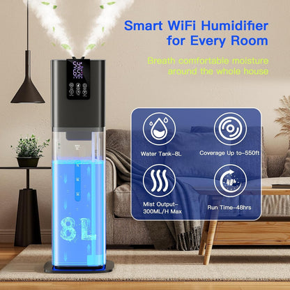 Smart Humidifiers Large Room Bedroom Home,2.11Gal(8L) Quiet Top Fill Cool Mist Humidifier,Smart App & Remote Control, 3 Speed Humidifier with 360°Nozzle,Humidity Setting for Baby Office Plant(White)