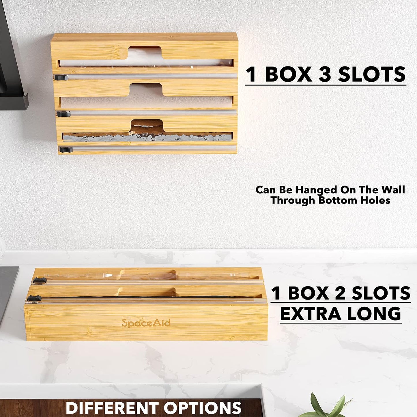 SpaceAid 2 in 1 Long Wrap Dispenser (Need 3" Deep Drawer) with Cutter, Plastic Wrap, Aluminum Foil Dispenser for Kitchen Drawer, Bamboo Roll Organizer Holder, Compatible with 15" Roll