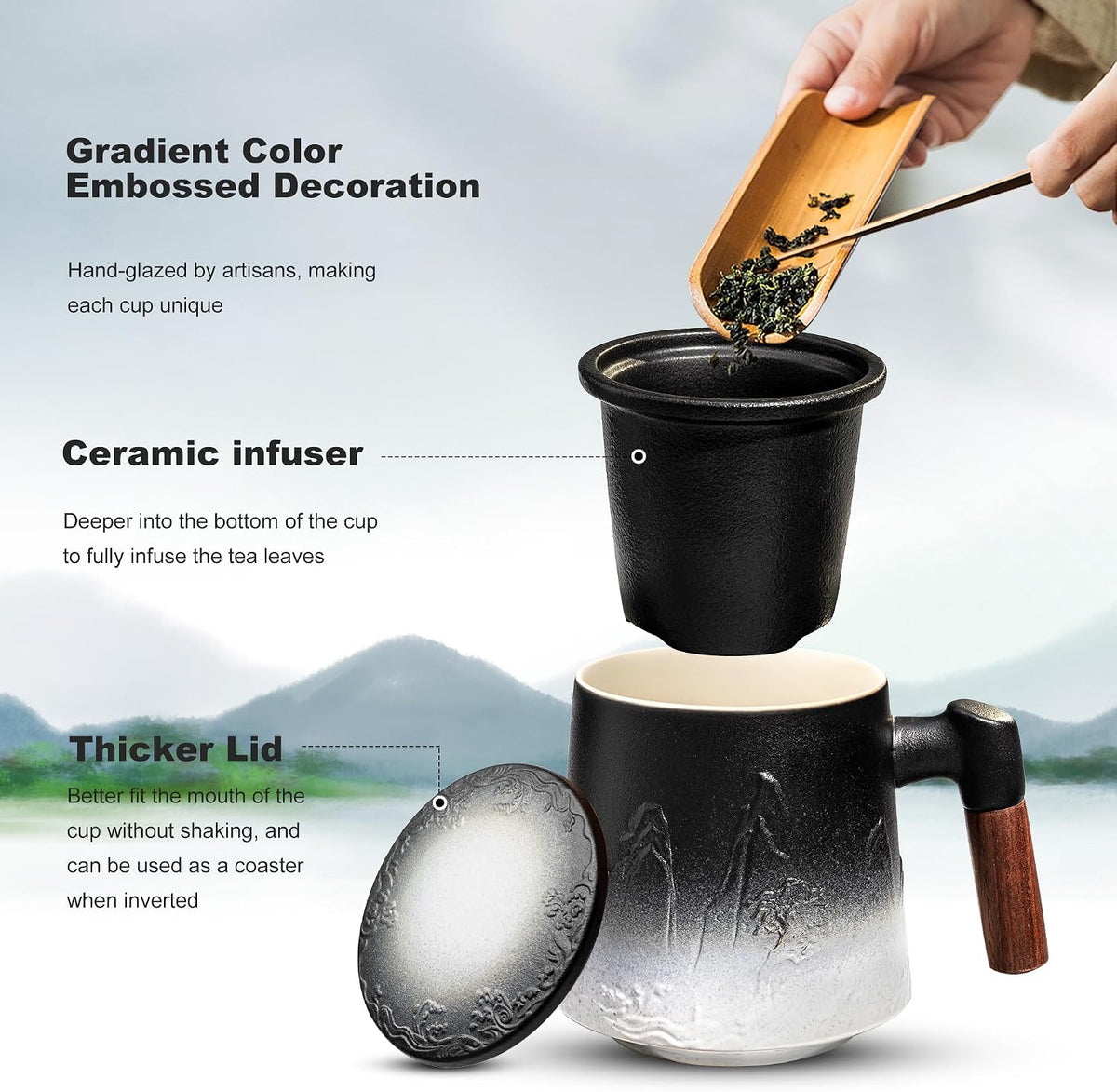 suyika Tea Cup with Infuser and Lid, Gradient Black & Blue, 15.2oz /450ml