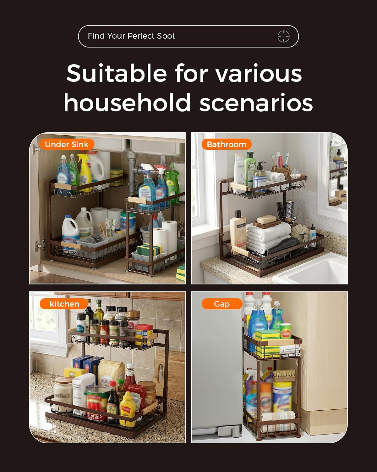 2-Pack 2-Tier Height Adjustable Under Sink Organizer & Storage | Multi-purpose storage for kitchen & bathroom cabinet. Large black shelf, height adjustable design for space-saving.