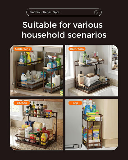 2-Pack 2-Tier Height Adjustable Under Sink Organizer & Storage | Multi-purpose storage for kitchen & bathroom cabinet. Large black shelf, height adjustable design for space-saving.