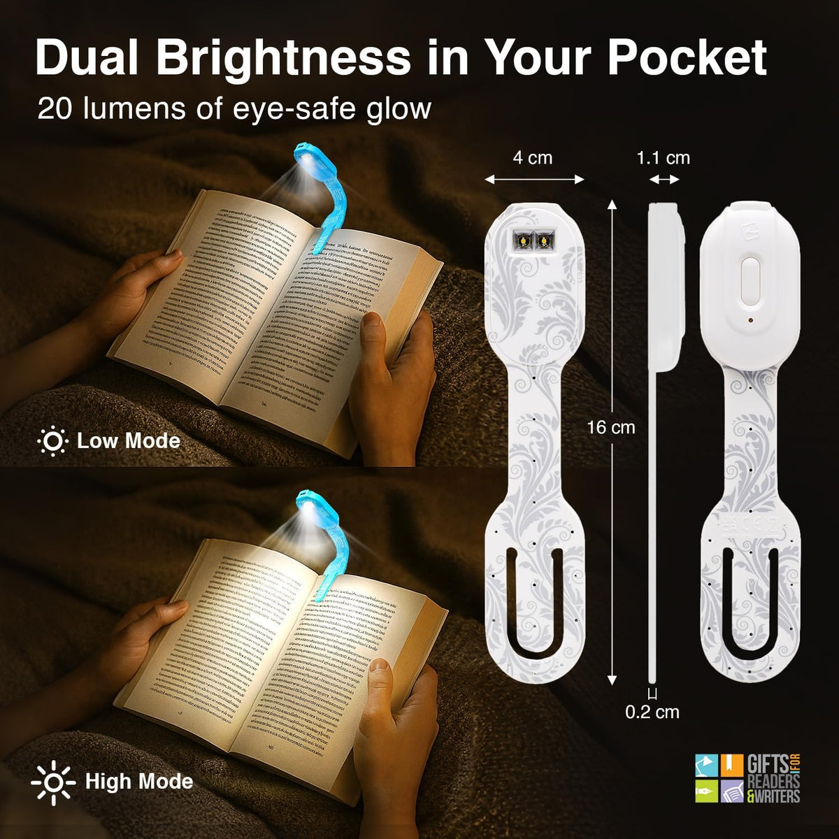Gifts for Readers & Writers Rechargeable Book Light for Kids, Clip On Reading Light for Bed, 2in1 Flexilight Pals & Bookmark, 12 Hours of Light Once Charged, Includes USB Cable & 2 LED Lights, Dog