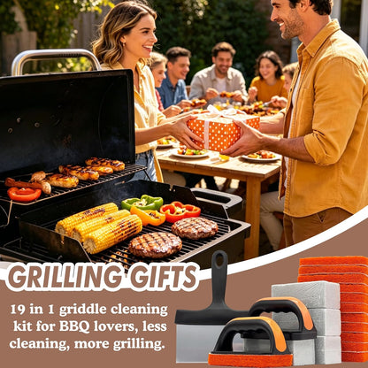 19 in 1 Griddle Cleaning Kit for Blackstone Accessory Cleaner Tool | Ergonomic Handle 12 Cleaning Pads 4 Grill Stone Griddle Scraper for Flattop Grill Cleaning, Easy to Remove Stain