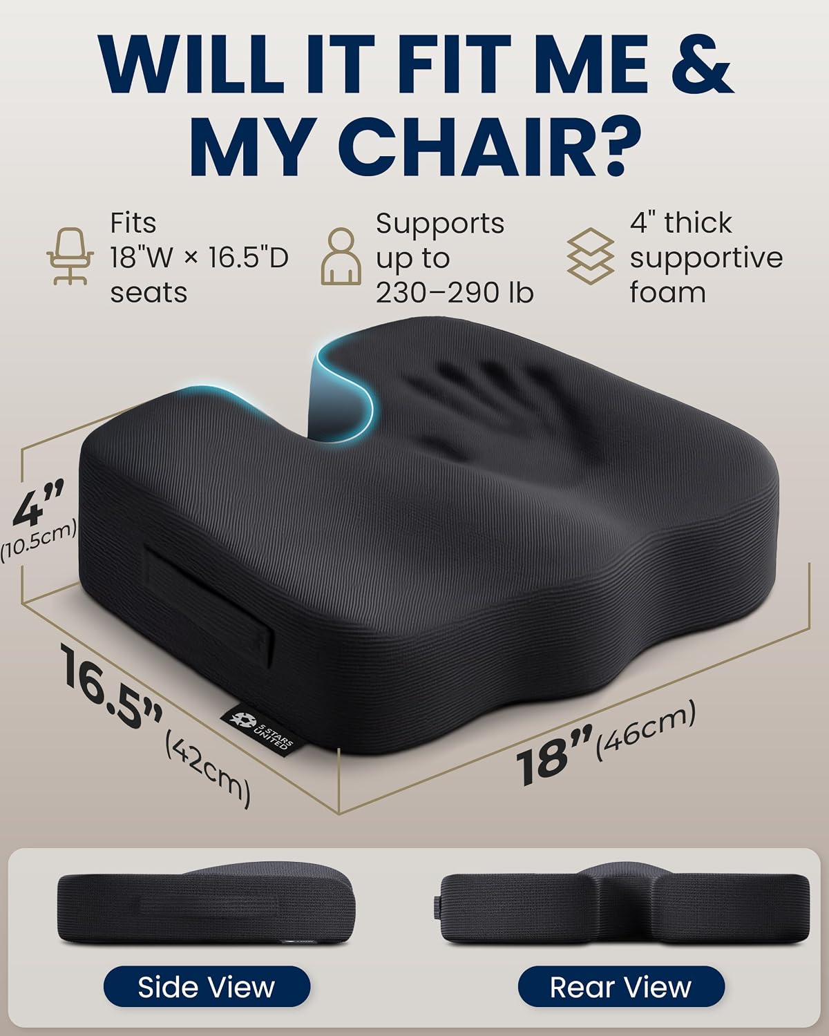 5 STARS UNITED Seat Cushion - Memory Foam Chair Cushion for Tailbone Pain Relief - Ergonomic Support for Coccyx, Sciatica & Butt - Office, Desk & Gaming Chair, Car Seat, Wheelchair, Airplane, Black