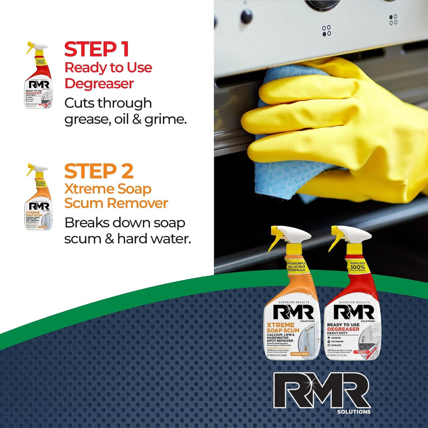 RMR Grease & Grime Eraser Kit – Degreaser & Cleaner + Xtreme Soap Scum Remover, Fast-Acting Kitchen & Bathroom Cleaning System for Grease, Soap Scum, Calcium & Hard Water Buildup, 2–32 Oz Bottles