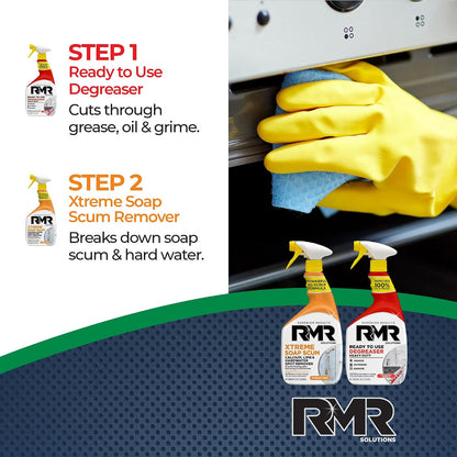 RMR Grease & Grime Eraser Kit – Degreaser & Cleaner + Xtreme Soap Scum Remover, Fast-Acting Kitchen & Bathroom Cleaning System for Grease, Soap Scum, Calcium & Hard Water Buildup, 2–32 Oz Bottles