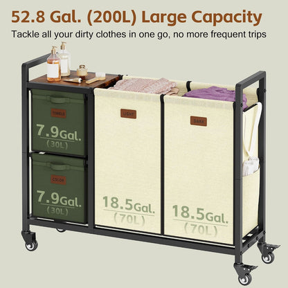 Hoctieon 4 Section Laundry Cart, 52.8 Gal. (200L) Laundry Hamper with Lid, Laundry Basket with Wheels, Rolling Laundry Sorter Organizer with Shelf, Clothes Separator with Removable Bags, Black