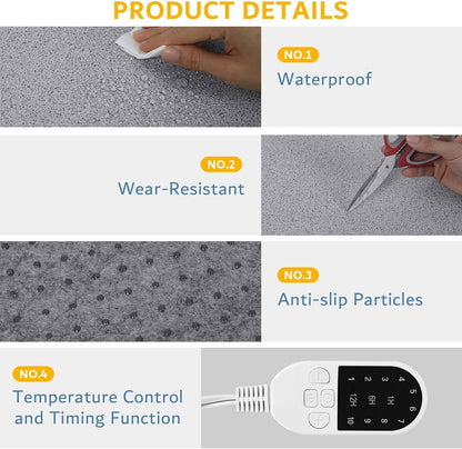 QOUBAI PVC 110V Heated Floor Mat Heater for Foot Warmer Under Desk 22 x 20 Inch Electric Heating Pad Energy Saving Carpet Pad Indoor Floor Heated Rug for Home Office Bathroom House Gray