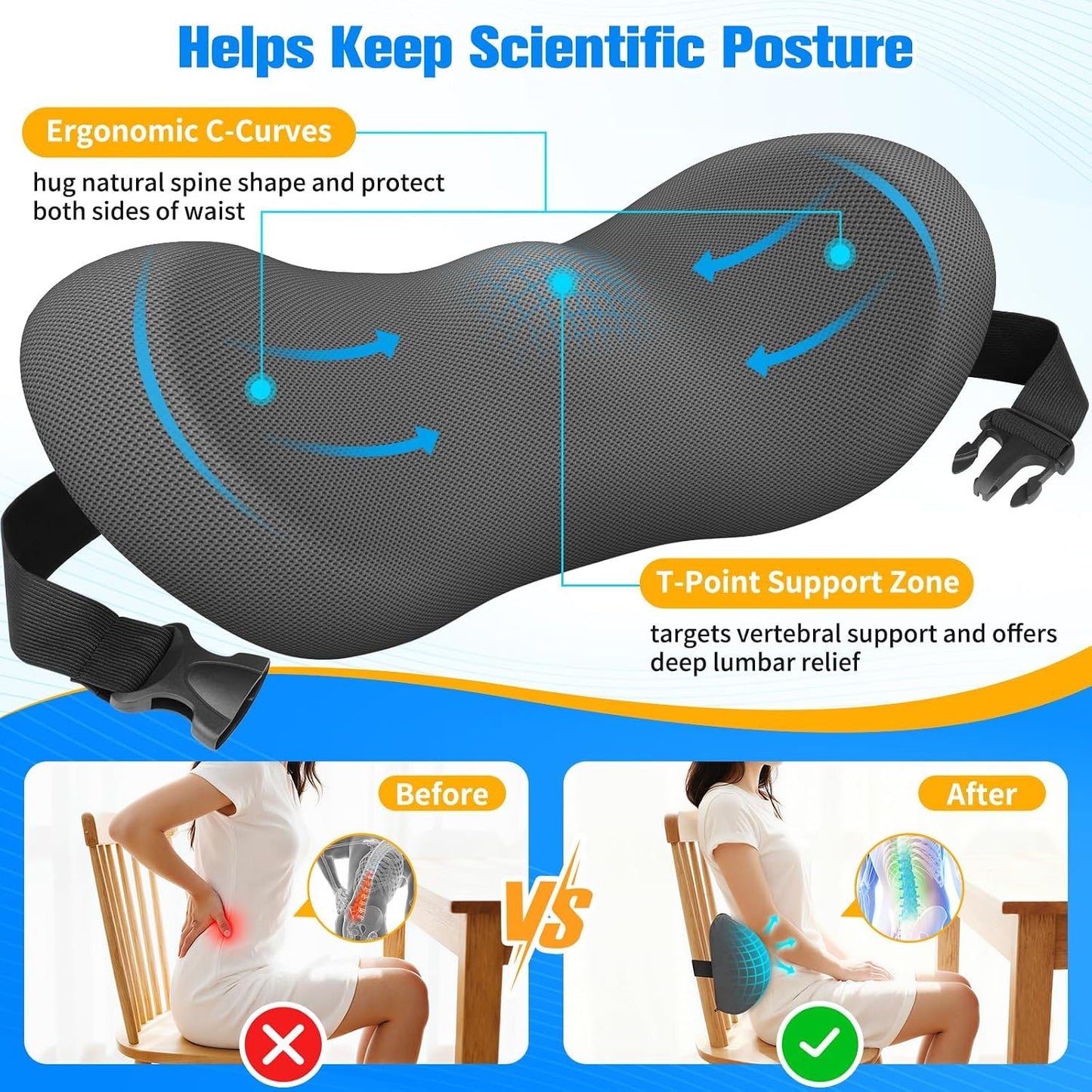 SweetSlubr Lumbar Support Pillow for Office Chair, Back Support, Black | Memory Foam with Breathable Cover. Adjustable Strap Fits Office, Gaming & Car Chairs for Everyday Comfort.