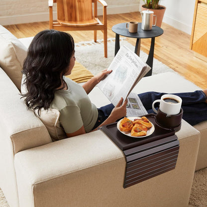 GHKINMAL Couch Cup Holder Tray, 3 in 1 Couch Arm Trays,Large Bamboo Chair Arm Rest Tray with 360° Cup Holder,Removable Anti-Slip Organizer for Snack Eating