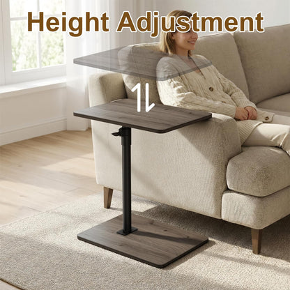 YUHFERA Sofa Armrest Tray Table for Couch - 360° Swivel Height Adjustable End for Small Spaces, Snack Side Table for Bed or Chair with Phone & Tablet Slot (Rustic,Standard)