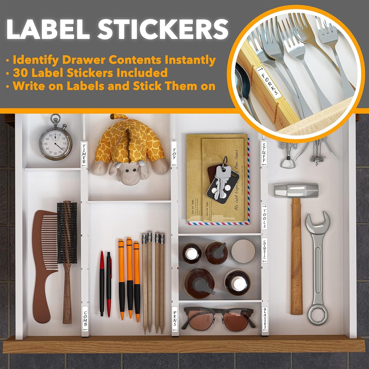 SpaceAid Bamboo Drawer Dividers with Inserts and Labels, Kitchen Adjustable Drawer Organizers, Expandable Organization for Home, Office, Dressers, 4 Dividers with 9 Inserts (17"-22" Natural)