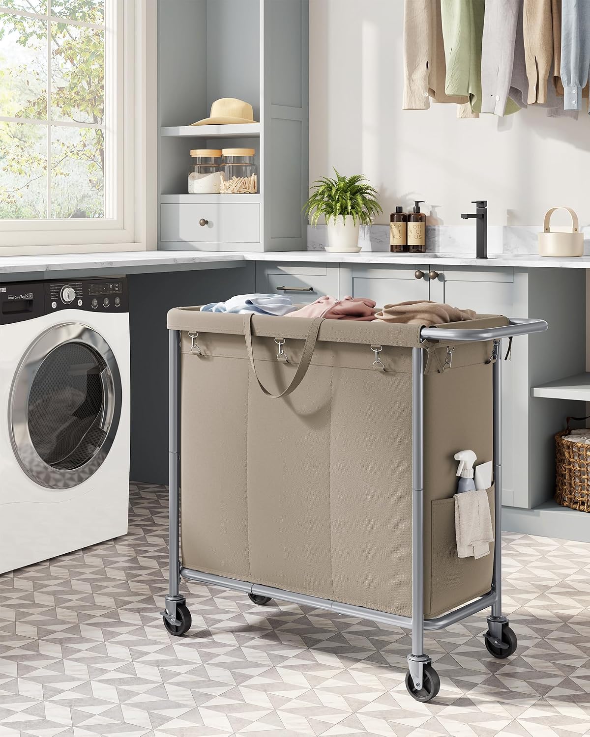 SONGMICS Laundry Basket with Wheels, 4-Section Rolling Laundry Hamper, 68.6 Gallons (260 L), Removable Liner, Steel Frame with Handle, 43.3 x 15.4 x 31.9 Inches, Cream White URLS014W01