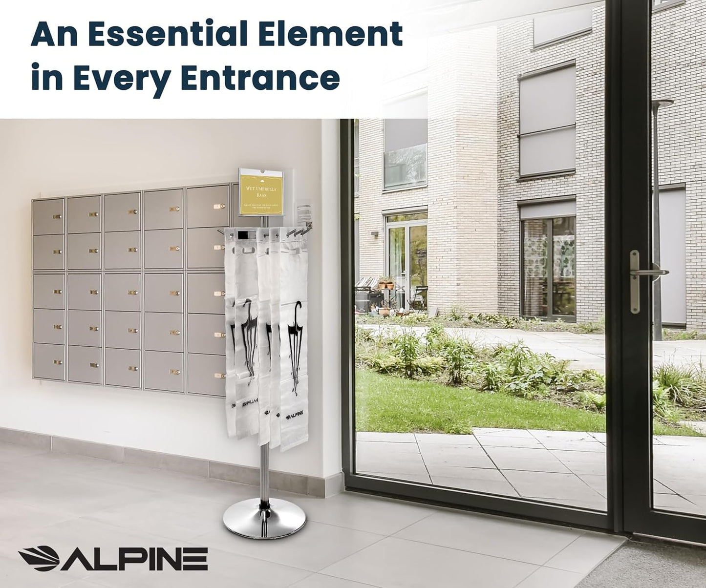 Alpine Wet Umbrella Bags Disposable With Stand and Free 100 Umbrella Bag | Corrosion Reistant Stainless Steel, Commercial, Heavy Duty for Entryway in Lobbies and Businesses