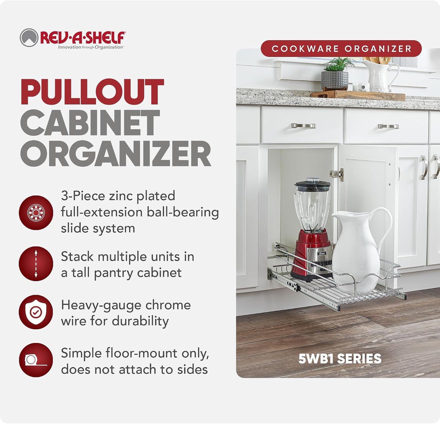 Rev-A-Shelf Pullout Organizer for Cabinets, Min Opening Width of 18" | STwo-Tier Steel Shelf for Kitchen or Vanity Cabinet Organization, Heavy Gauge Wire Slide Out Storage Basket, 5WB2-1822CR-1