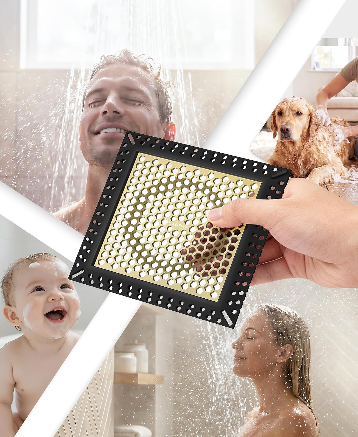 Square Shower Drain Hair Catcher, Anti-Clogging, Gray, 4 inch | Fast Drainage, Anti-Slip & Stays in Place, Stainless Steel & TPE Material, Easy Clean Fits Bathroom Hair Catcher for Shower