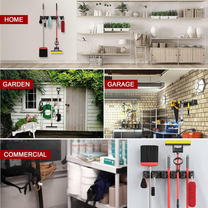 LETMY Broom Holder Wall Mounted - Mop and Broom Hanger Holder - Garage Storage Rack & Garden Tool Organizer - 5 Position 6 Hooks for Home, kitchen, Garden, Tools, Garage