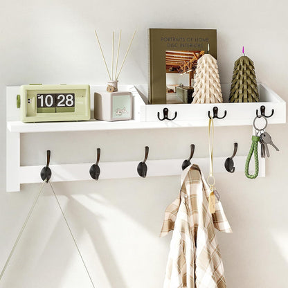 AMBIRD Wall Hooks with Shelf, 26.57 Inch Entryway Wood Coat Hooks for Wall with Shelf, Coat Rack Wall Mount with 5 Dual Hooks 3 Key Hooks Mail Organizer and Key Rack Holder (Brown)