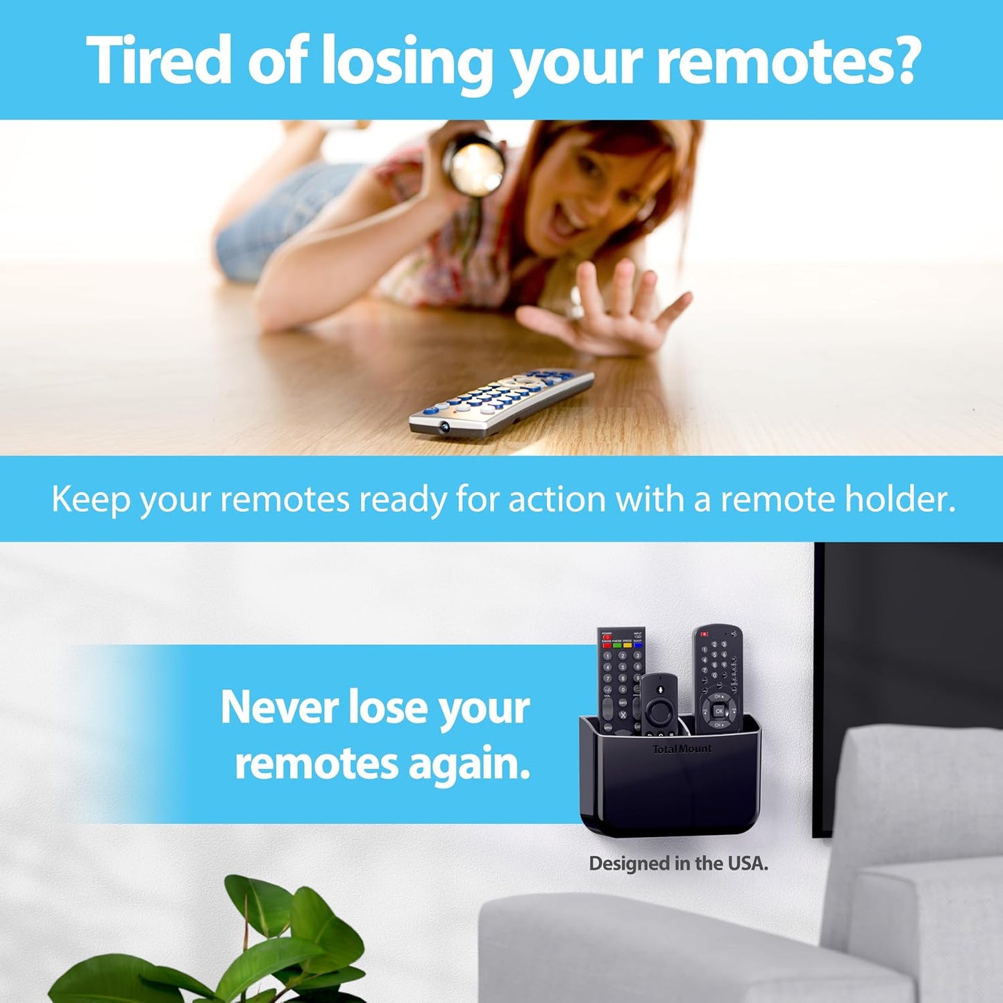 TotalMount Drop-Free Remote Holder – Removable Adhesive Strips – Black | Designed in the USA – Simply Put the Remotes In – No Tricky Magnet Alignment Needed (Holds 2 or 3 Remote Controls)