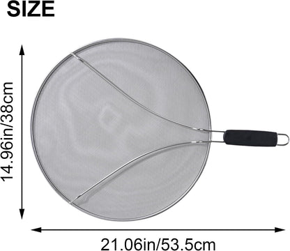Splatter Screen for Frying Pan, 15 Inch Stainless Steel Grease Splatter Guard Oil Splash Guard with Anti-Slip Handle, Fine Mesh Frying Cover Protect the Skin From Burns
