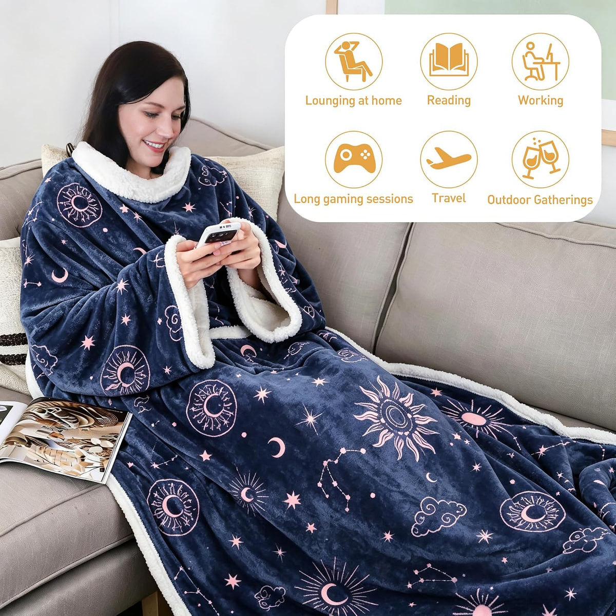 Catalonia Sherpa Wearable Blanket with Sleeves and Pocket for Adults