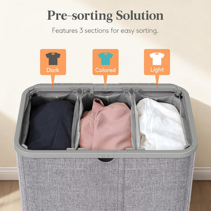 Lifewit 185L 3 Section Laundry Hamper with Lid, Laundry Basket, Beige | Large Foldable Laundry Sorter with 3 Removable Bags, Tall Clothes Hamper for Bedroom and Bathroom