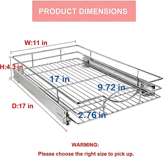 Sikarou Pull Out Cabinet Organizer, Heavy Duty Kitchen Cabinet Pull Out Shelves, Slide Out Wire Basket for Kitchen Cabinets, Bathroom, Pantry, Chrome Finish (11 * 17 in)