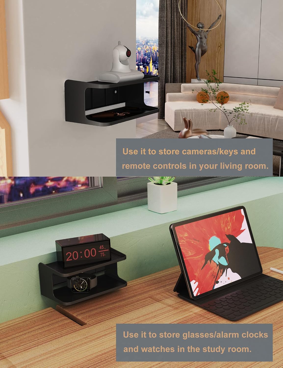 Bedside Wall Shelf Organizer, Small Bedside Shelf, (Black) | Wall Mount for Bed, Stick on Wall Shelf, Double Tray Holder for Storing Cellphone, Glasses, Keys, Camera , Alarm Clock