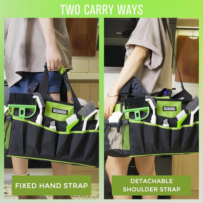 SCAVATA Wearable Cleaning Caddy Bag, Cleaning Caddy Supplies Organizer with Handle & Shoulder Straps for Housekeepers, Under Sink & Car Cleaning Tool Organizers with 4 Foldable Divider (Lake Blue)