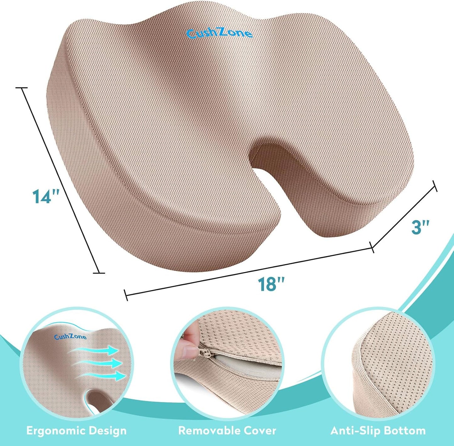 Gel Seat Cushion, Enhanced Memory Foam Cushion for Tailbone Pain, Black | Cooling Gel for Office Chair, U-shaped Design Chair Cushion for Gaming, Car, Wheelchair, Non-Slip Base, Washable Cover