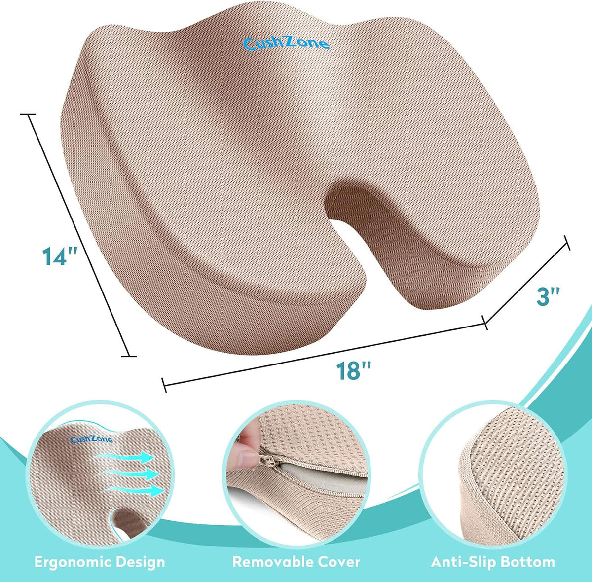 Gel Seat Cushion, Cooling Memory Foam Cushion for Office Chair, Black