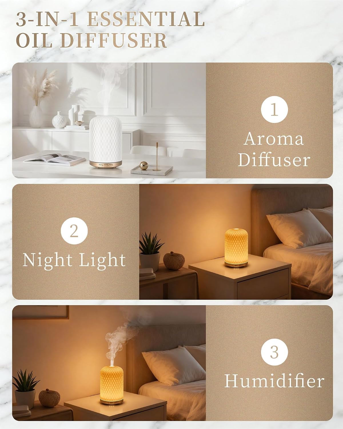Essential Oil Diffuser - 2.4MHz Ultrasonic Glass Diffuser with Pulse/Continuous Mist & Night Light, Waterless Auto-Off, Silent Aromatherapy Diffuser for Home, Office, Yoga, Spa, Gifts & Home Decor.