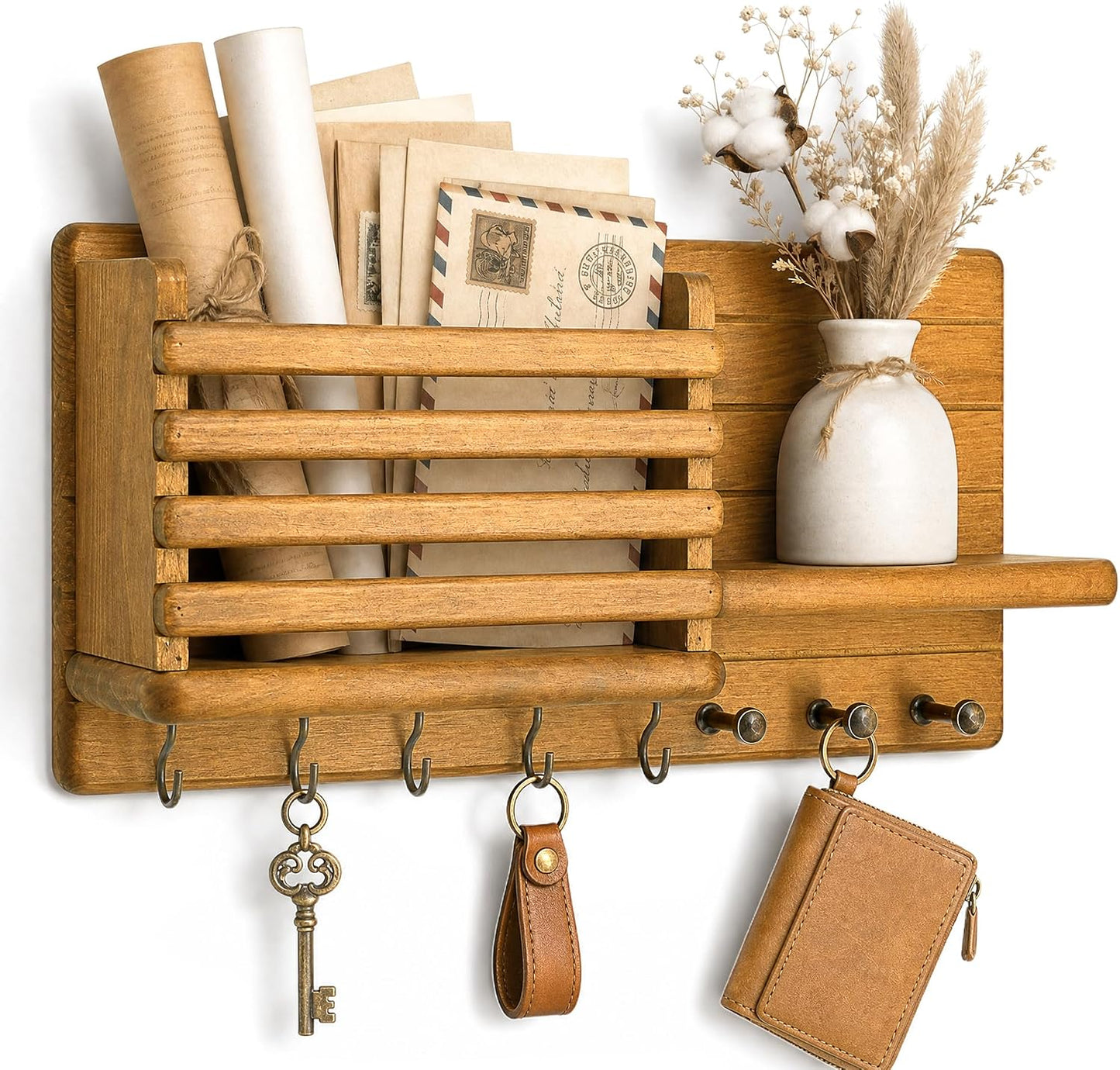 Rebee Vision Key Holder Wall Mount with Mail Slot for Entryway, Retro Brown | Pine Wood, Key Holder for Wall, 8 Hooks for Dog Leashes, Floating Shelf, Mail Sorter, New Home Essentials, Entryway Storage