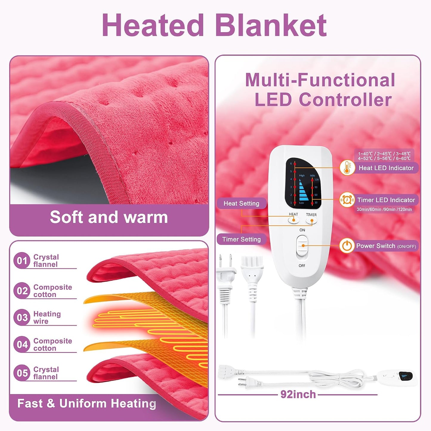 Heating Pad,Heated Blanket,Heating Pad for Back Neck,Grey,24x12 Inch | Electric Heating Pad,Dry/Moist Heat Heating Pads,Heating Pads for Shoulder,Abdomen,Heat Pad for Women Men,Birthday Gift