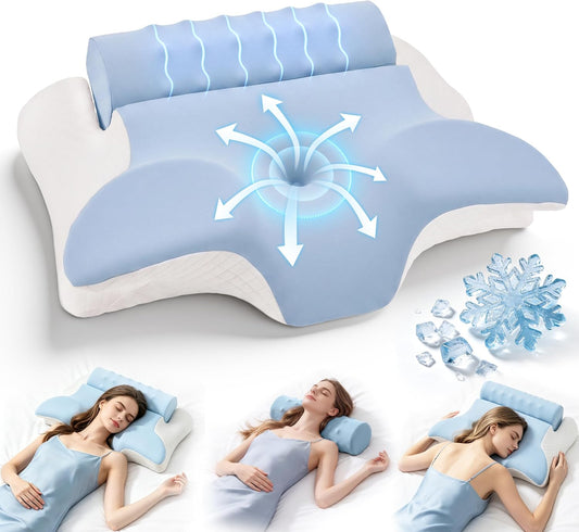 Cervical Neck Pillow for Pain Relief, 2-in-1 Memory Foam Pillow with Removable Cervical Roll, Orthopedic Neck Support Contour Bed Pillows with Ice Silk Pillowcase for Side Back Stomach Sleepers