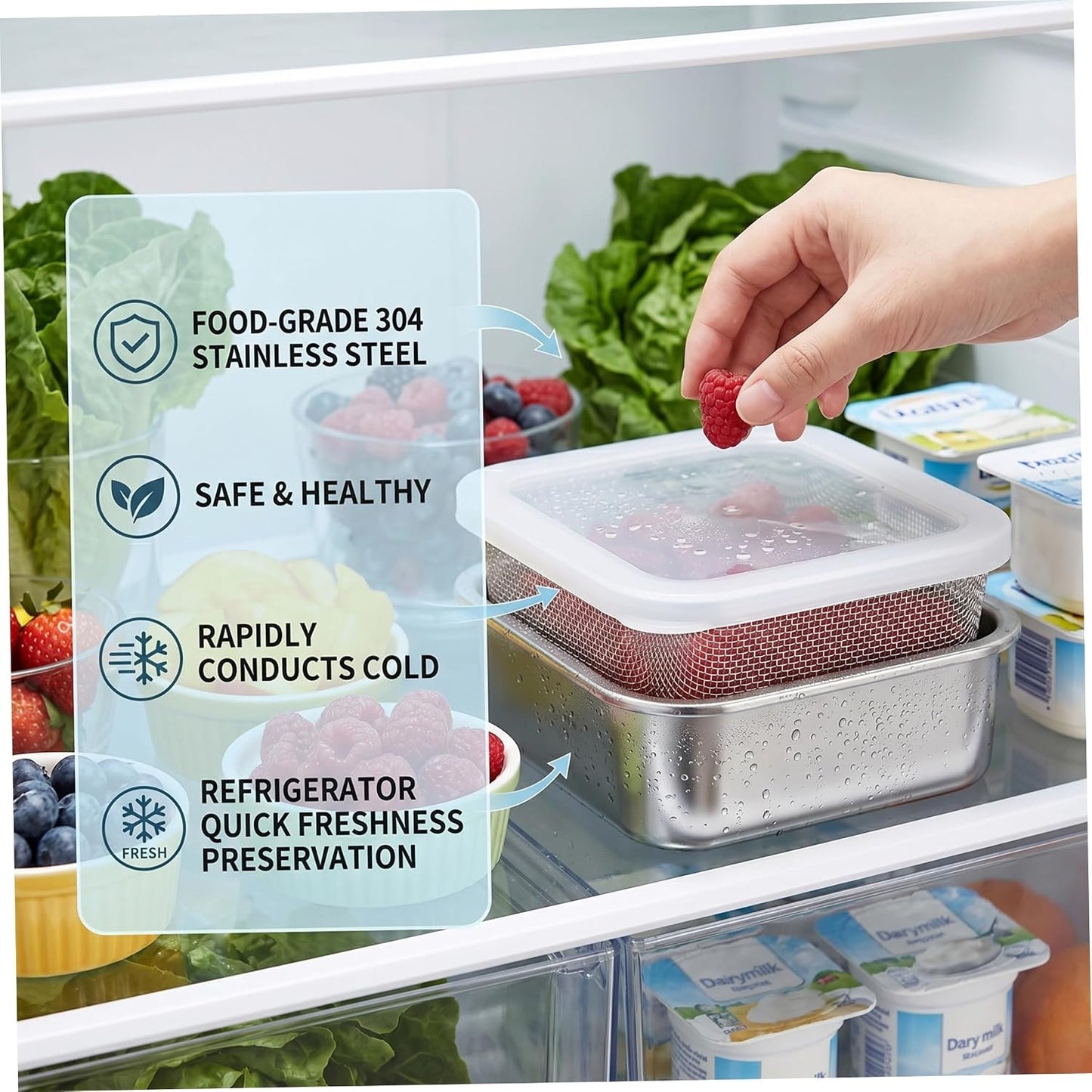 Square Strainer 3PCS/Set Fruit Storage Containers For Fridge Stainless Steel Square Strainer With Lid Lettuce Keeper Dish 1500ml