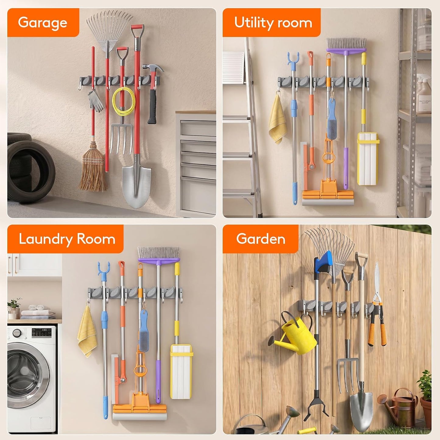 Lifewit Mop and Broom Holder Organizer Wall Mount Non-Slip, 1 Pack, Black | Easy Install One Handed Push Cleaning Tool Hanger with 6 Hooks 5 Slots, Heavy Duty Hanging Utility Rack for Garden, Garage